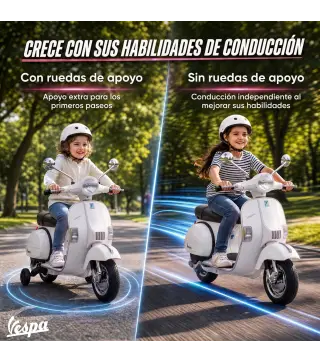 Moto Eléctrica Niños 12V Vespa PX150 Ruedas Auxiliares 2 Motores Suspensión Trasera Música Faros 3 km/h 3-6 Años Blanco
