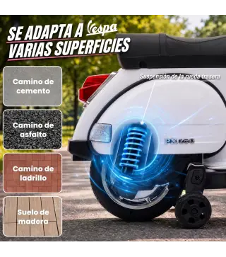 Moto Eléctrica Niños 12V Vespa PX150 Ruedas Auxiliares 2 Motores Suspensión Trasera Música Faros 3 km/h 3-6 Años Blanco