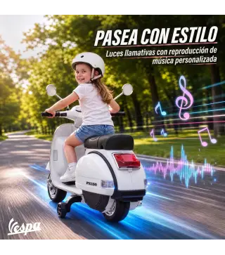 Moto Eléctrica Niños 12V Vespa PX150 Ruedas Auxiliares 2 Motores Suspensión Trasera Música Faros 3 km/h 3-6 Años Blanco