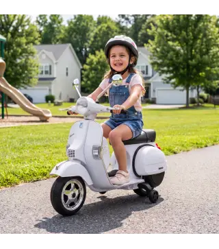 Moto Eléctrica Niños 12V Vespa PX150 Ruedas Auxiliares 2 Motores Suspensión Trasera Música Faros 3 km/h 3-6 Años Blanco