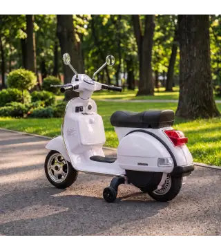 Moto Eléctrica Niños 12V Vespa PX150 Ruedas Auxiliares 2 Motores Suspensión Trasera Música Faros 3 km/h 3-6 Años Blanco