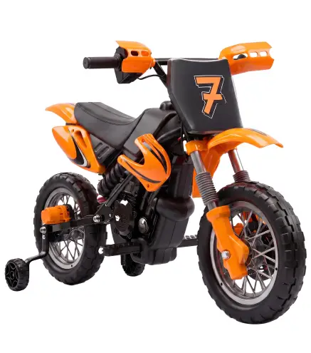 Moto Eléctrica Niños 12V 2 Ruedas Auxiliares Desmontables 2 Motores Suspensión Trasera 3 km/h 3-6 Años Naranja