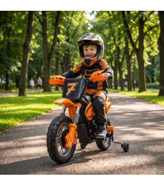 Moto Eléctrica Niños 12V 2 Ruedas Auxiliares Desmontables 2 Motores Suspensión Trasera 3 km/h 3-6 Años Naranja
