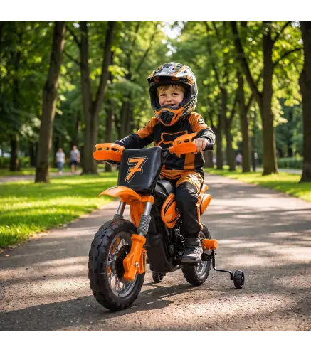 Moto Eléctrica Niños 12V 2 Ruedas Auxiliares Desmontables 2 Motores Suspensión Trasera 3 km/h 3-6 Años Naranja