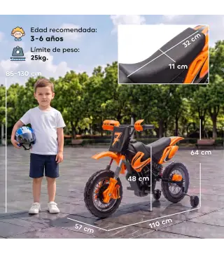 Moto Eléctrica Niños 12V 2 Ruedas Auxiliares Desmontables 2 Motores Suspensión Trasera 3 km/h 3-6 Años Naranja