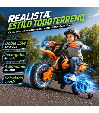 Moto Eléctrica Niños 12V 2 Ruedas Auxiliares Desmontables 2 Motores Suspensión Trasera 3 km/h 3-6 Años Naranja