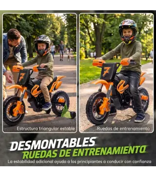 Moto Eléctrica Niños 12V 2 Ruedas Auxiliares Desmontables 2 Motores Suspensión Trasera 3 km/h 3-6 Años Naranja