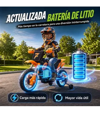 Moto Eléctrica Niños 12V 2 Ruedas Auxiliares Desmontables 2 Motores Suspensión Trasera 3 km/h 3-6 Años Naranja