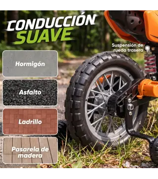 Moto Eléctrica Niños 12V 2 Ruedas Auxiliares Desmontables 2 Motores Suspensión Trasera 3 km/h 3-6 Años Naranja