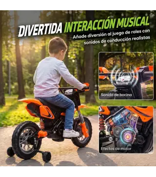 Moto Eléctrica Niños 12V 2 Ruedas Auxiliares Desmontables 2 Motores Suspensión Trasera 3 km/h 3-6 Años Naranja
