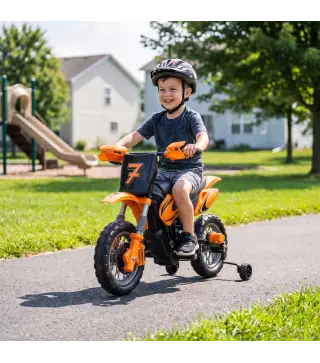Moto Eléctrica Niños 12V 2 Ruedas Auxiliares Desmontables 2 Motores Suspensión Trasera 3 km/h 3-6 Años Naranja