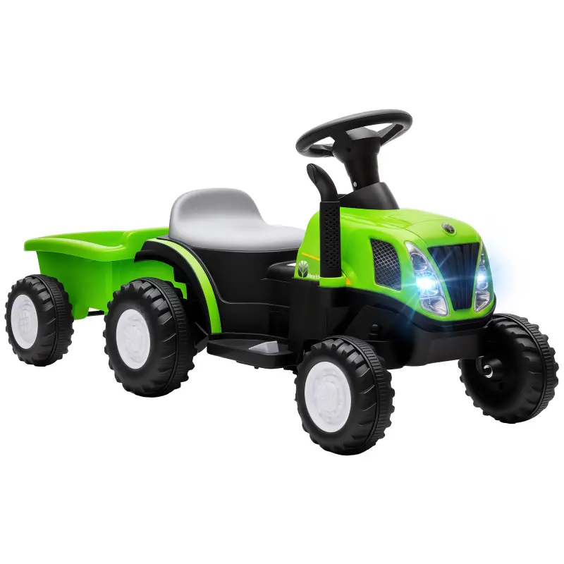 Tractor Eléctrico para Niños con Remolque Desmontable 6V Luces Música Claxon Pedal para Niños 1-3 Años 2,5 km/h Verde