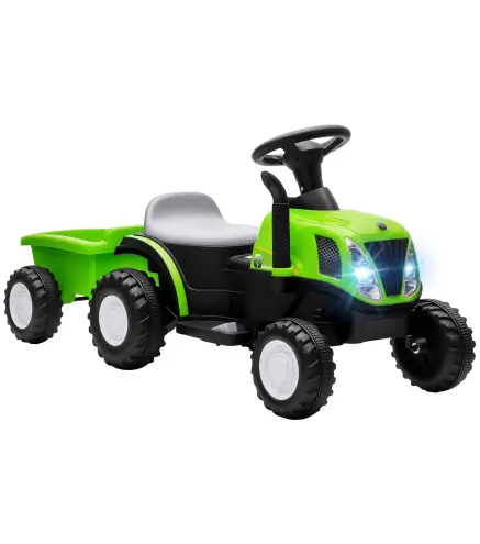 Tractor Eléctrico para Niños con Remolque Desmontable 6V Luces Música Claxon Pedal para Niños 1-3 Años 2,5 km/h Verde