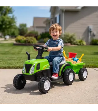 Tractor Eléctrico para Niños con Remolque Desmontable 6V Luces Música Claxon Pedal para Niños 1-3 Años 2,5 km/h Verde