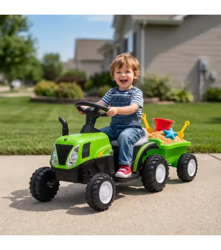 Tractor Eléctrico para Niños con Remolque Desmontable 6V Luces Música Claxon Pedal para Niños 1-3 Años 2,5 km/h Verde