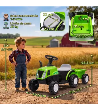 Tractor Eléctrico para Niños con Remolque Desmontable 6V Luces Música Claxon Pedal para Niños 1-3 Años 2,5 km/h Verde