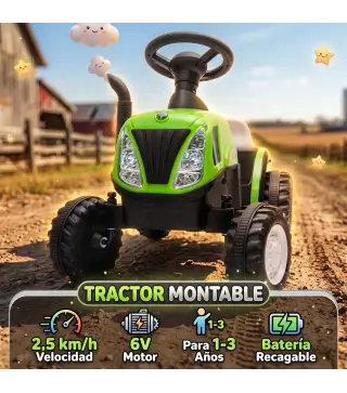 Tractor Eléctrico para Niños con Remolque Desmontable 6V Luces Música Claxon Pedal para Niños 1-3 Años 2,5 km/h Verde