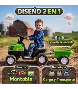 Tractor Eléctrico para Niños con Remolque Desmontable 6V Luces Música Claxon Pedal para Niños 1-3 Años 2,5 km/h Verde