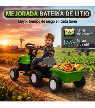 Tractor Eléctrico para Niños con Remolque Desmontable 6V Luces Música Claxon Pedal para Niños 1-3 Años 2,5 km/h Verde