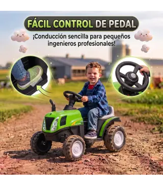 Tractor Eléctrico para Niños con Remolque Desmontable 6V Luces Música Claxon Pedal para Niños 1-3 Años 2,5 km/h Verde
