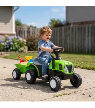 Tractor Eléctrico para Niños con Remolque Desmontable 6V Luces Música Claxon Pedal para Niños 1-3 Años 2,5 km/h Verde