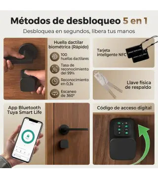 Cerradura Inteligente 5 en 1 con Huella App Tuya Bluetooth Código Tarjeta NFC/RF Llave Códigos Temporales