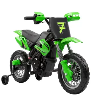 Moto Eléctrica Niños 12V con 2 Ruedas Auxiliares Desmontables 2 Motores Suspensión Trasera 3 km/h 3-6 Años Verde