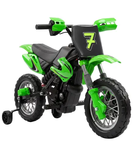 Moto Eléctrica Niños 12V con 2 Ruedas Auxiliares Desmontables 2 Motores Suspensión Trasera 3 km/h 3-6 Años Verde