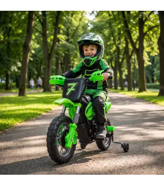 Moto Eléctrica Niños 12V con 2 Ruedas Auxiliares Desmontables 2 Motores Suspensión Trasera 3 km/h 3-6 Años Verde