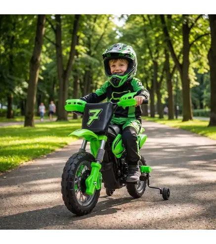 Moto Eléctrica Niños 12V con 2 Ruedas Auxiliares Desmontables 2 Motores Suspensión Trasera 3 km/h 3-6 Años Verde