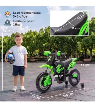 Moto Eléctrica Niños 12V con 2 Ruedas Auxiliares Desmontables 2 Motores Suspensión Trasera 3 km/h 3-6 Años Verde