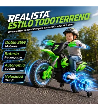 Moto Eléctrica Niños 12V con 2 Ruedas Auxiliares Desmontables 2 Motores Suspensión Trasera 3 km/h 3-6 Años Verde
