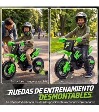 Moto Eléctrica Niños 12V con 2 Ruedas Auxiliares Desmontables 2 Motores Suspensión Trasera 3 km/h 3-6 Años Verde