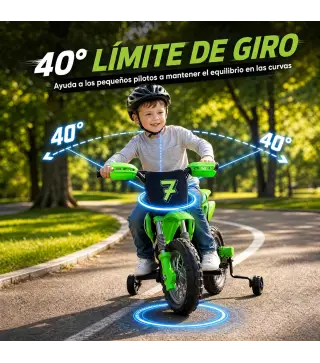 Moto Eléctrica Niños 12V con 2 Ruedas Auxiliares Desmontables 2 Motores Suspensión Trasera 3 km/h 3-6 Años Verde