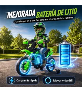 Moto Eléctrica Niños 12V con 2 Ruedas Auxiliares Desmontables 2 Motores Suspensión Trasera 3 km/h 3-6 Años Verde