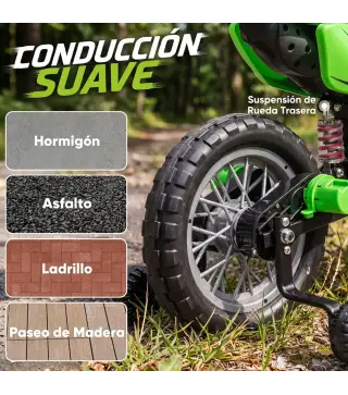 Moto Eléctrica Niños 12V con 2 Ruedas Auxiliares Desmontables 2 Motores Suspensión Trasera 3 km/h 3-6 Años Verde