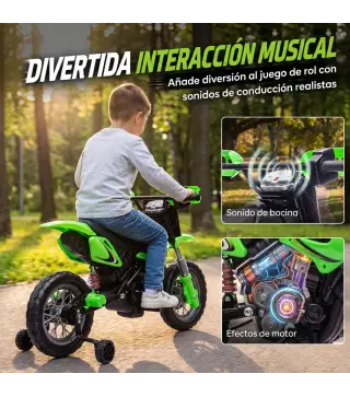 Moto Eléctrica Niños 12V con 2 Ruedas Auxiliares Desmontables 2 Motores Suspensión Trasera 3 km/h 3-6 Años Verde