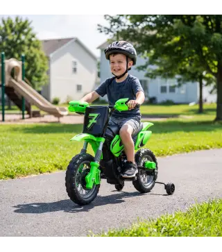 Moto Eléctrica Niños 12V con 2 Ruedas Auxiliares Desmontables 2 Motores Suspensión Trasera 3 km/h 3-6 Años Verde