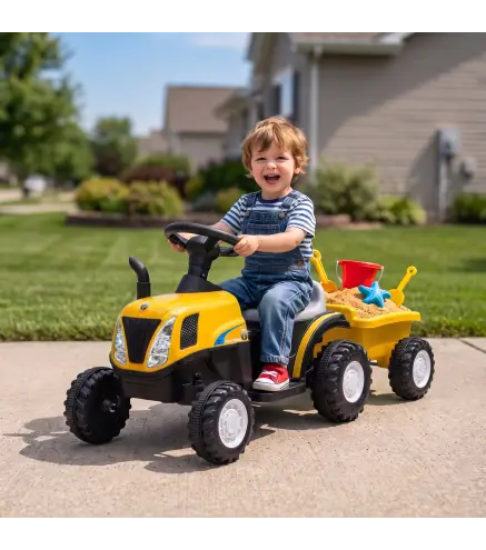 Tractor Eléctrico para Niños con Remolque Desmontable 6V Luces Música Claxon Pedal Niños 1-3 Años 2,5 km/h Amarillo