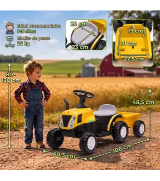 Tractor Eléctrico para Niños con Remolque Desmontable 6V Luces Música Claxon Pedal Niños 1-3 Años 2,5 km/h Amarillo