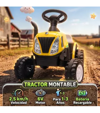Tractor Eléctrico para Niños con Remolque Desmontable 6V Luces Música Claxon Pedal Niños 1-3 Años 2,5 km/h Amarillo