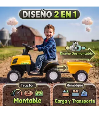 Tractor Eléctrico para Niños con Remolque Desmontable 6V Luces Música Claxon Pedal Niños 1-3 Años 2,5 km/h Amarillo