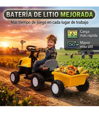 Tractor Eléctrico para Niños con Remolque Desmontable 6V Luces Música Claxon Pedal Niños 1-3 Años 2,5 km/h Amarillo