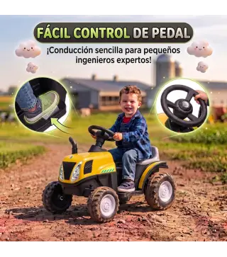 Tractor Eléctrico para Niños con Remolque Desmontable 6V Luces Música Claxon Pedal Niños 1-3 Años 2,5 km/h Amarillo