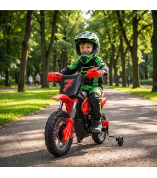 Moto Eléctrica Niños 12V con 2 Ruedas Auxiliares Desmontables 2 Motores Suspensión Trasera 3 km/h 3-6 Años Rojo