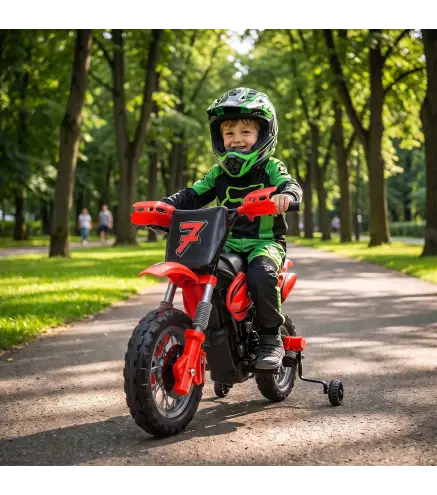 Moto Eléctrica Niños 12V con 2 Ruedas Auxiliares Desmontables 2 Motores Suspensión Trasera 3 km/h 3-6 Años Rojo