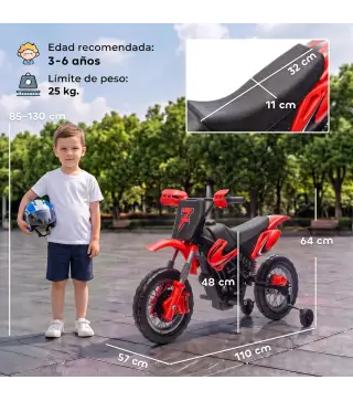 Moto Eléctrica Niños 12V con 2 Ruedas Auxiliares Desmontables 2 Motores Suspensión Trasera 3 km/h 3-6 Años Rojo
