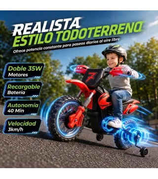 Moto Eléctrica Niños 12V con 2 Ruedas Auxiliares Desmontables 2 Motores Suspensión Trasera 3 km/h 3-6 Años Rojo
