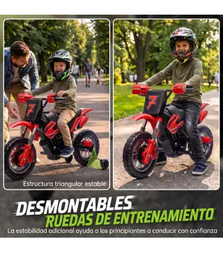 Moto Eléctrica Niños 12V con 2 Ruedas Auxiliares Desmontables 2 Motores Suspensión Trasera 3 km/h 3-6 Años Rojo