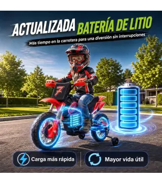 Moto Eléctrica Niños 12V con 2 Ruedas Auxiliares Desmontables 2 Motores Suspensión Trasera 3 km/h 3-6 Años Rojo